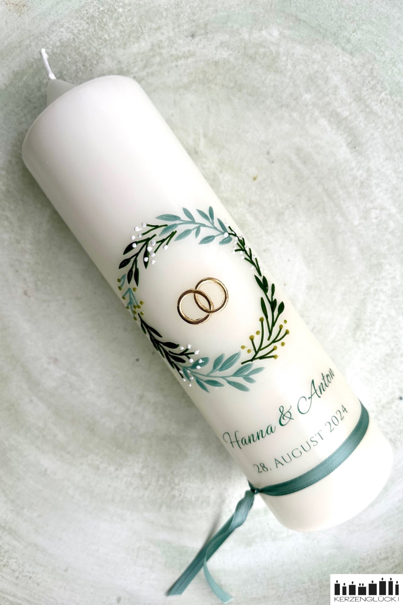 Hochzeitskerze "Blätterkranz - Olive"