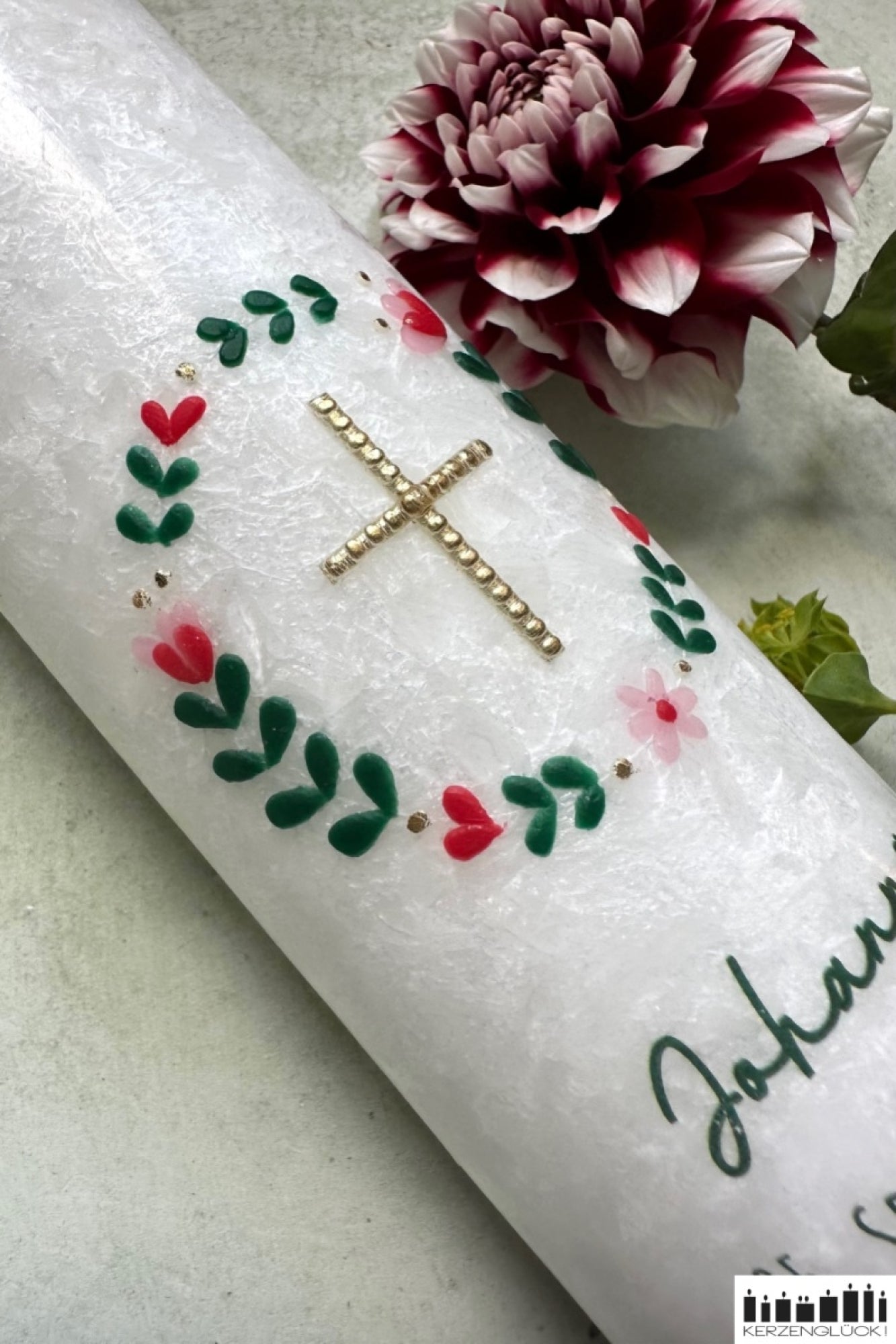 Taufkerze mit Holzelement "Kranz"