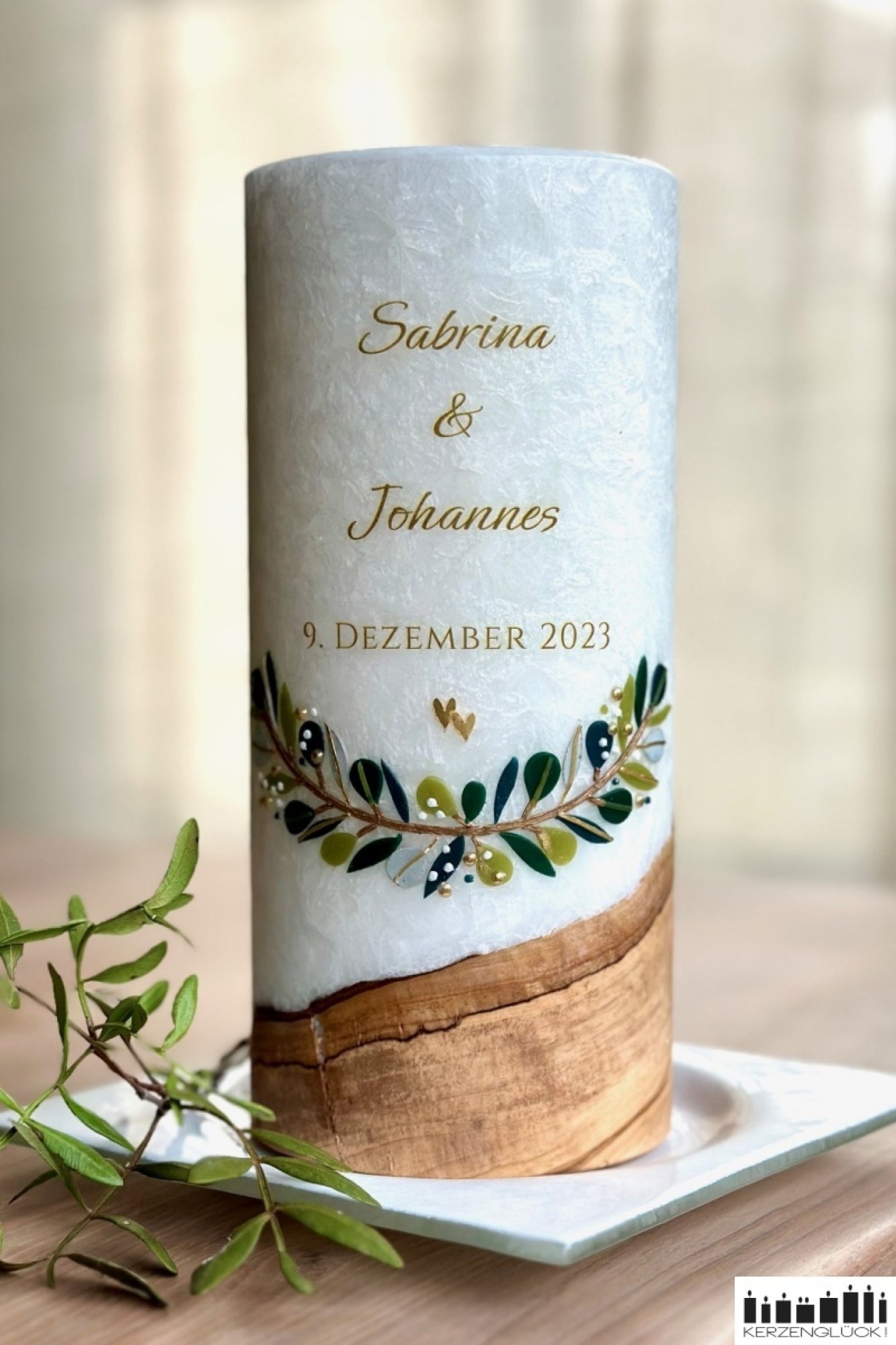 Hochzeitskerze mit Holz- und Teelichteinsatz "Blätterbogen"