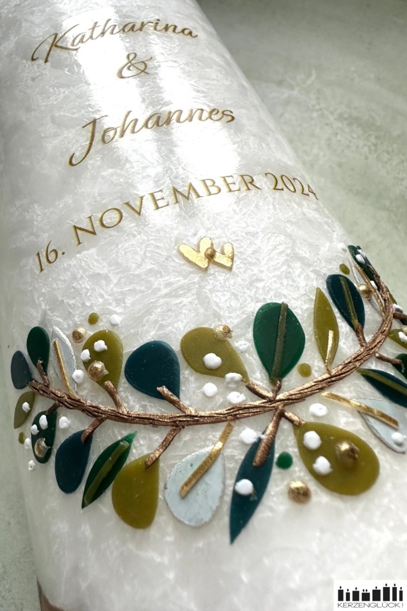 Hochzeitskerze mit Holz- und Teelichteinsatz "Blätterbogen"