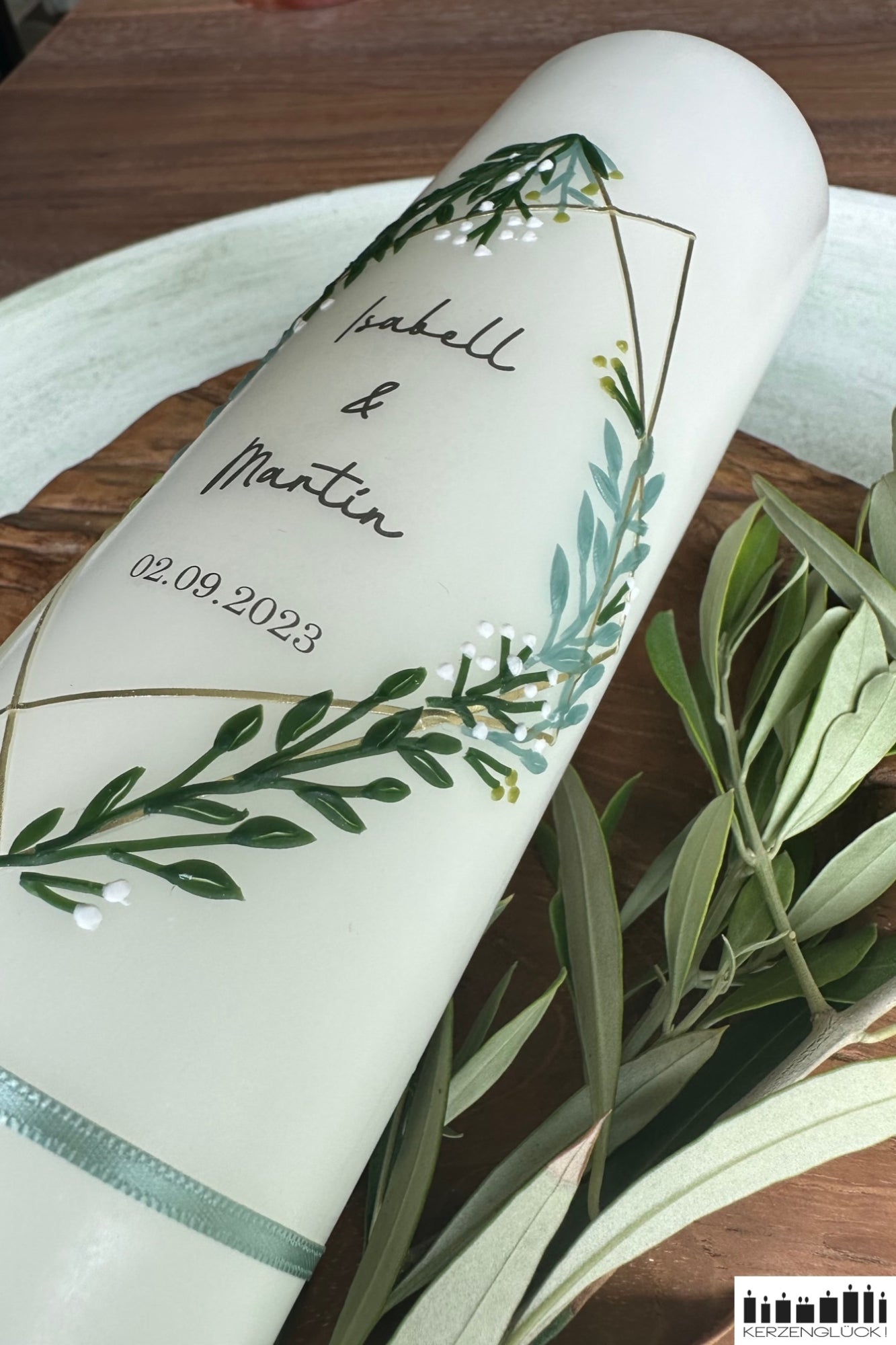 Hochzeitskerze "Raute mit Olivenzweigen"