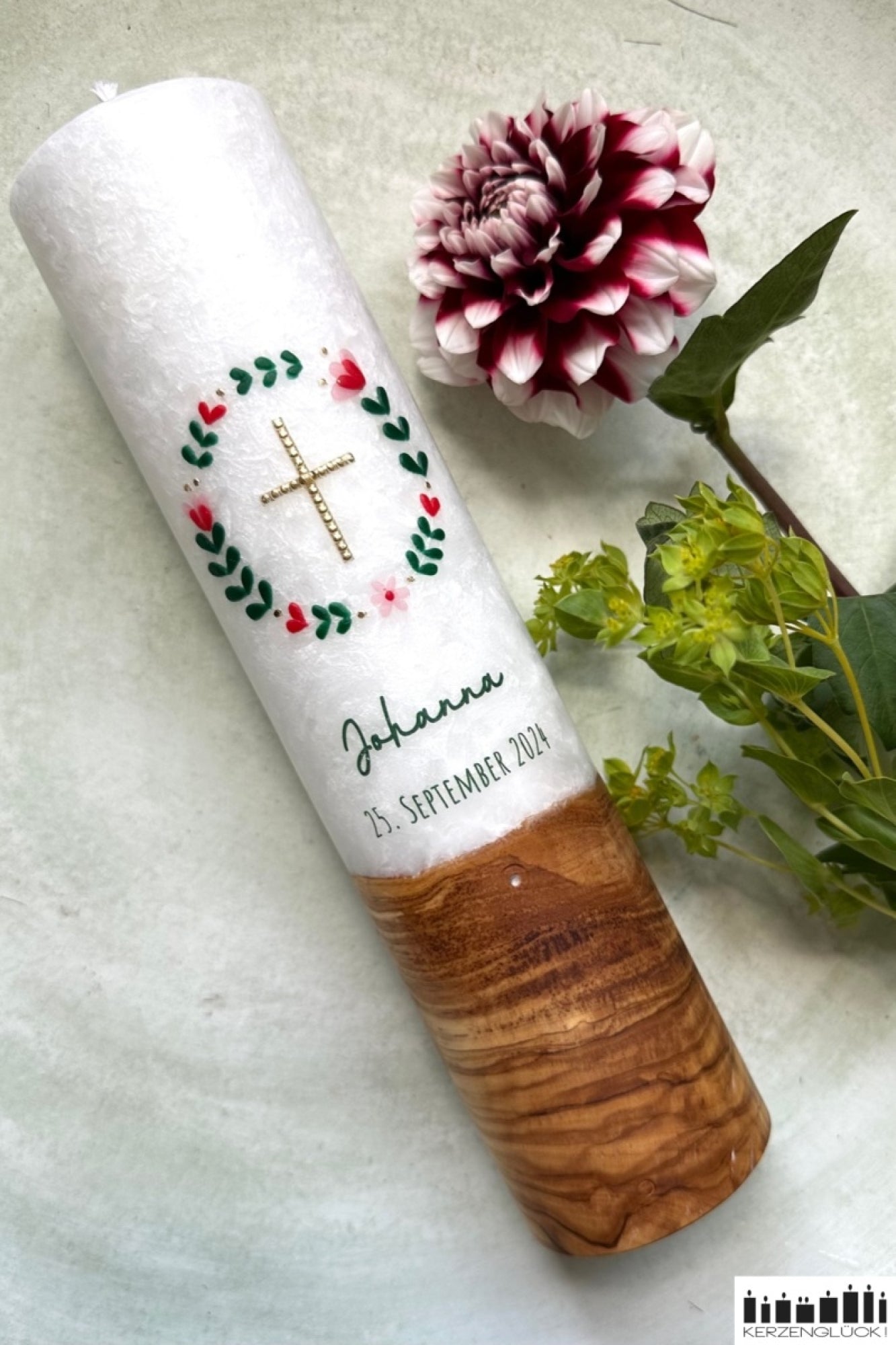 Taufkerze mit Holzelement "Kranz"