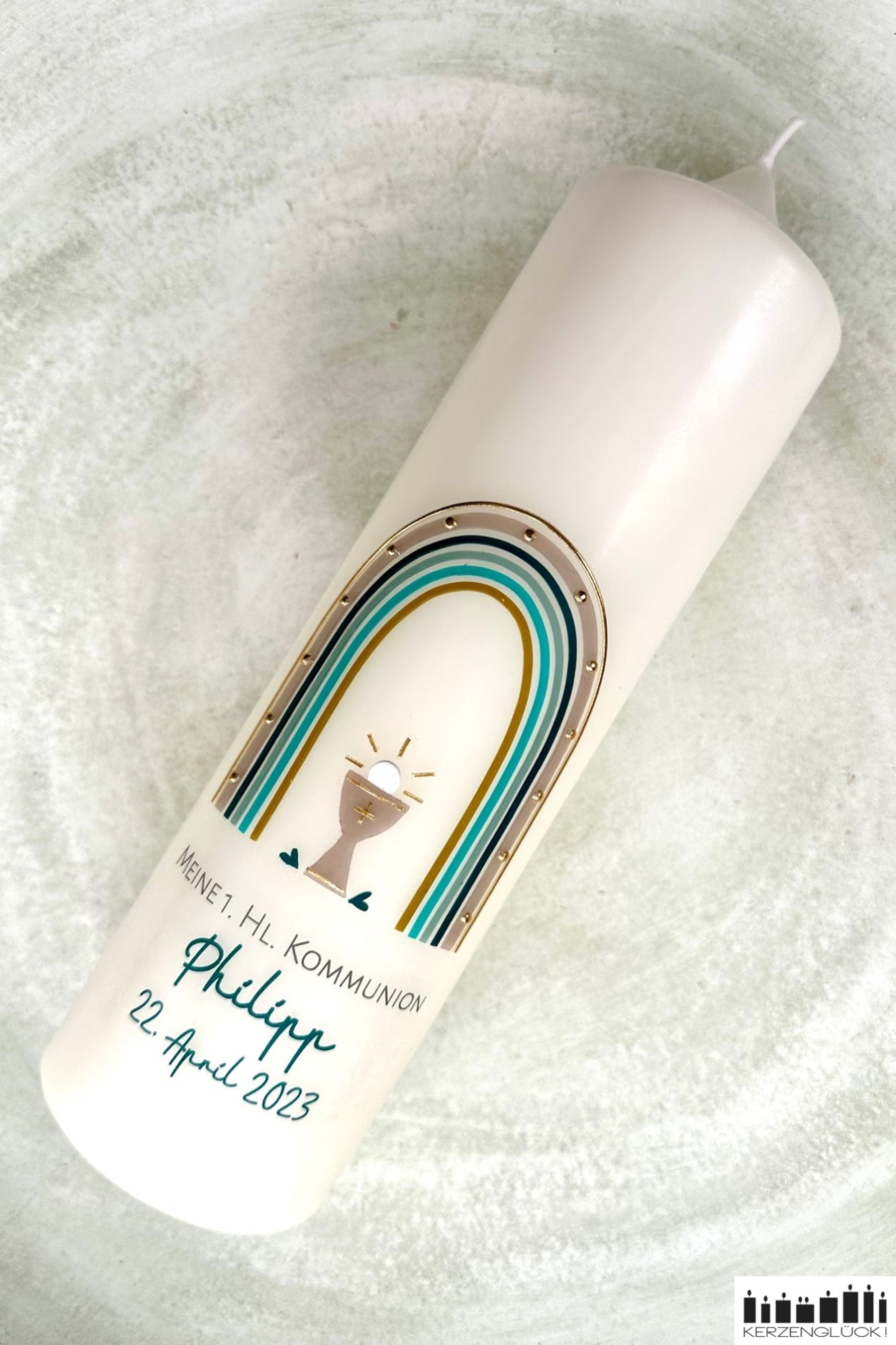 Kommunionkerze „Regenbogen mit Kelch"