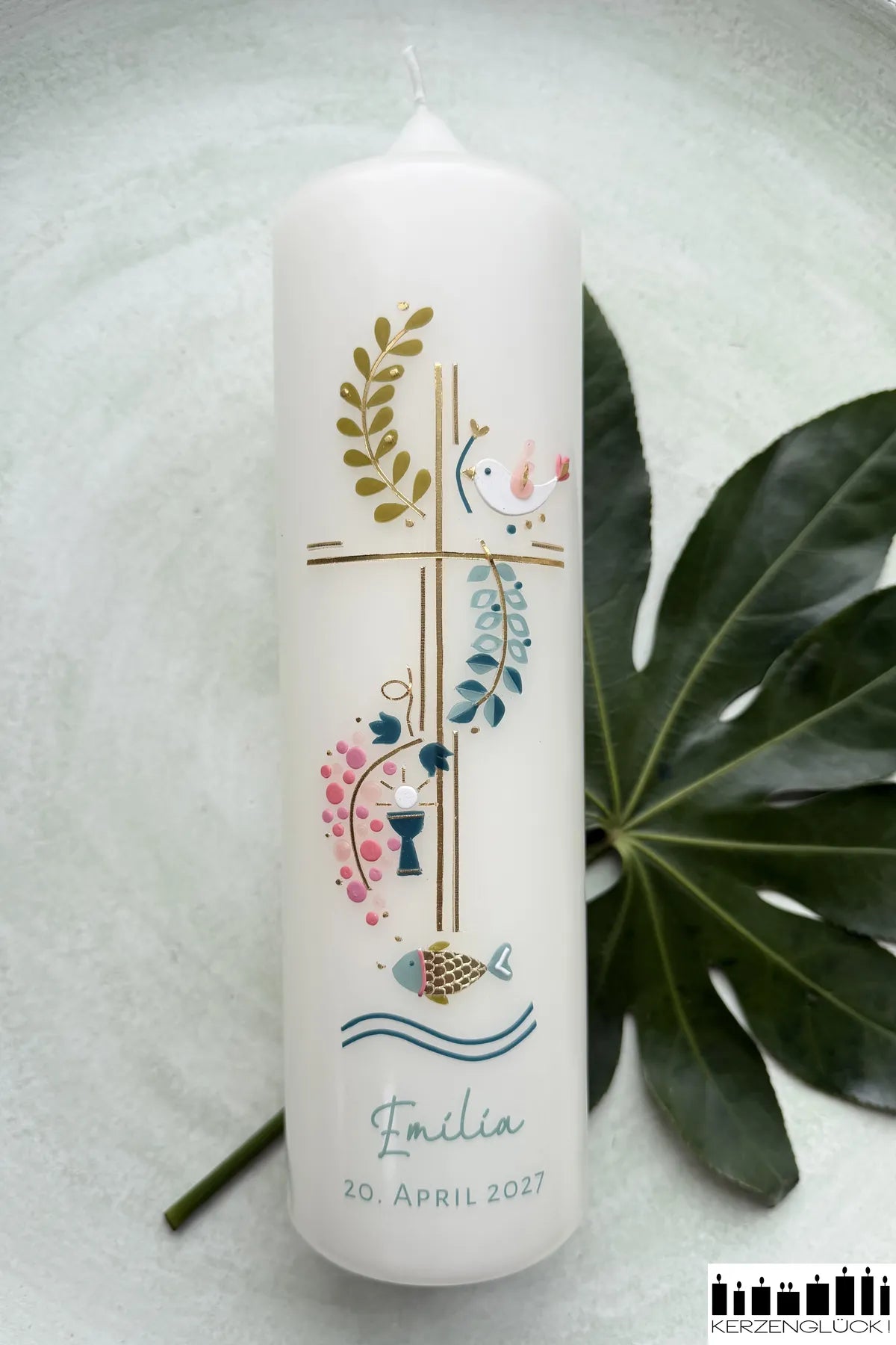 Kommunionkerze „Kreuz mit Symbolen" 25x7 cm