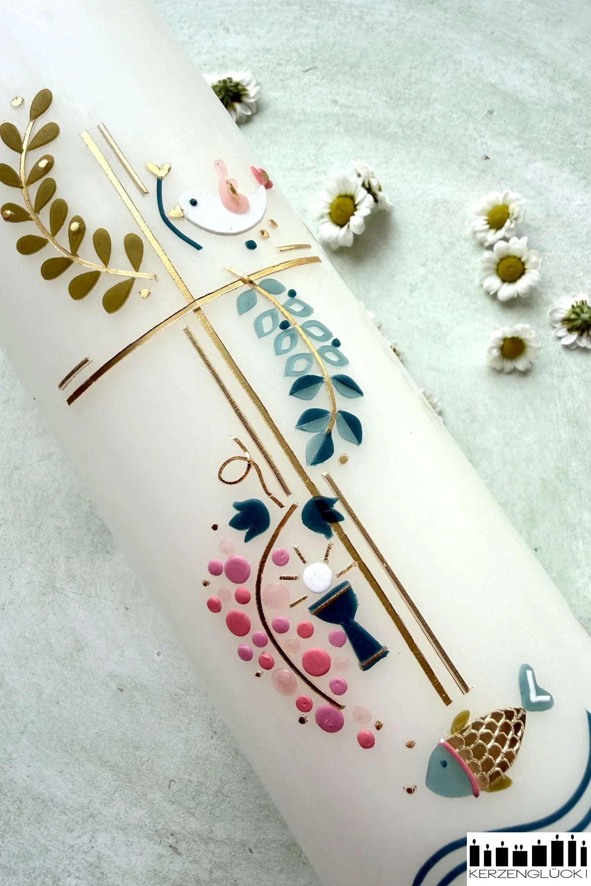 Kommunionkerze „Kreuz mit Symbolen" 25x7 cm