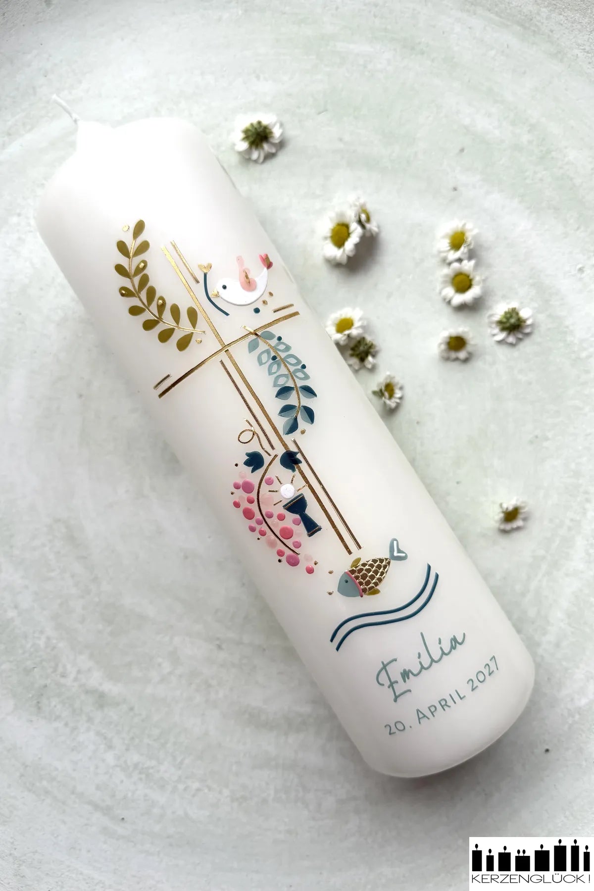 Kommunionkerze „Kreuz mit Symbolen" 25x7 cm