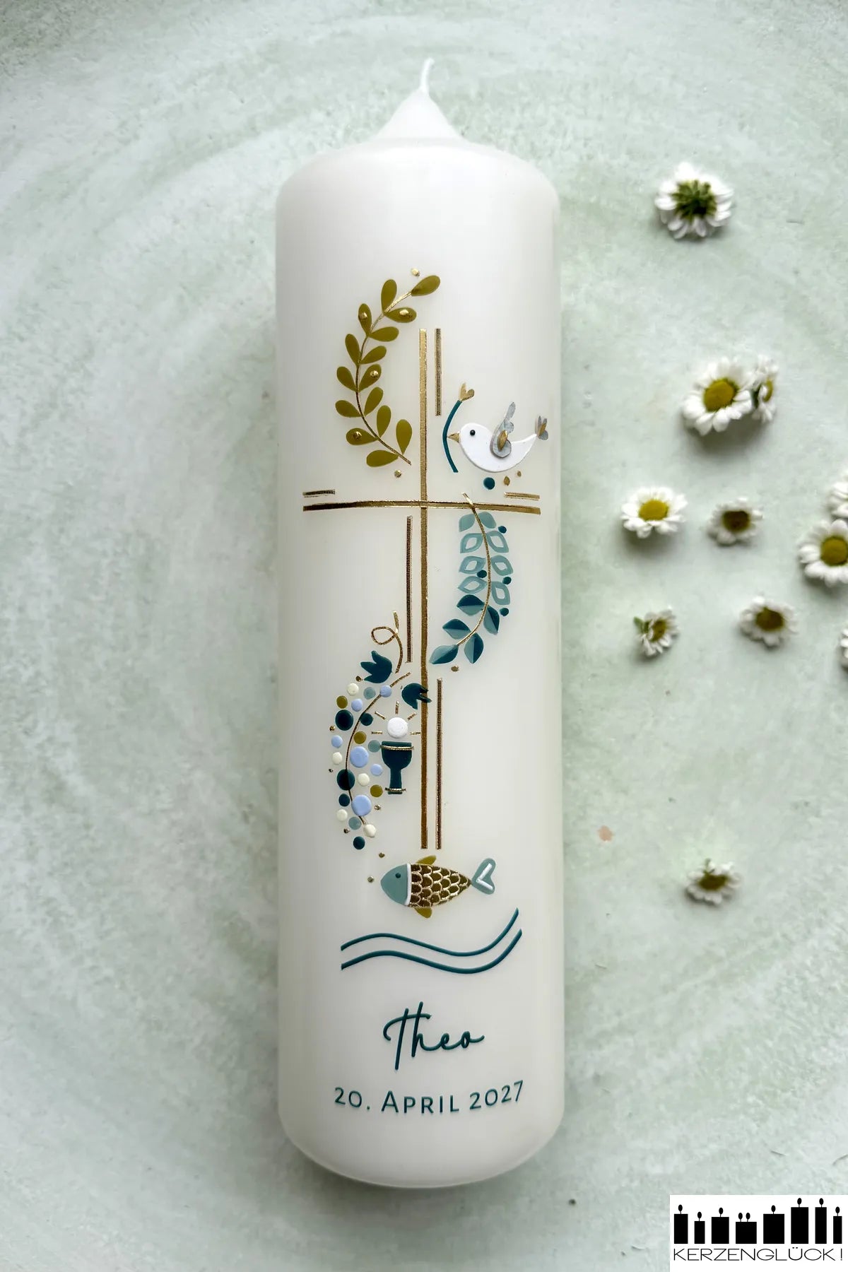 Kommunionkerze „Kreuz mit Symbolen" 25x7 cm