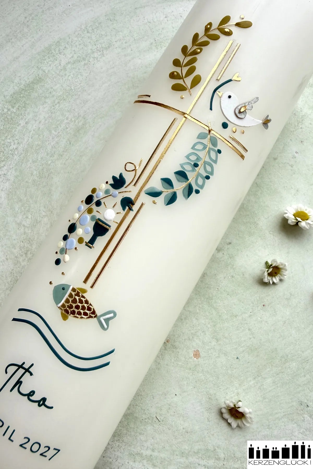 Kommunionkerze „Kreuz mit Symbolen" 25x7 cm