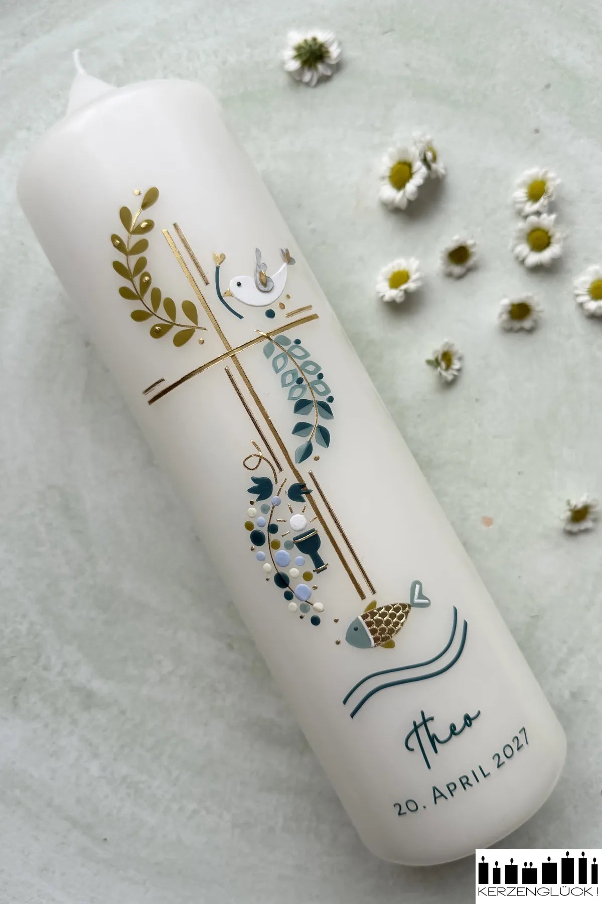 Kommunionkerze „Kreuz mit Symbolen" 25x7 cm