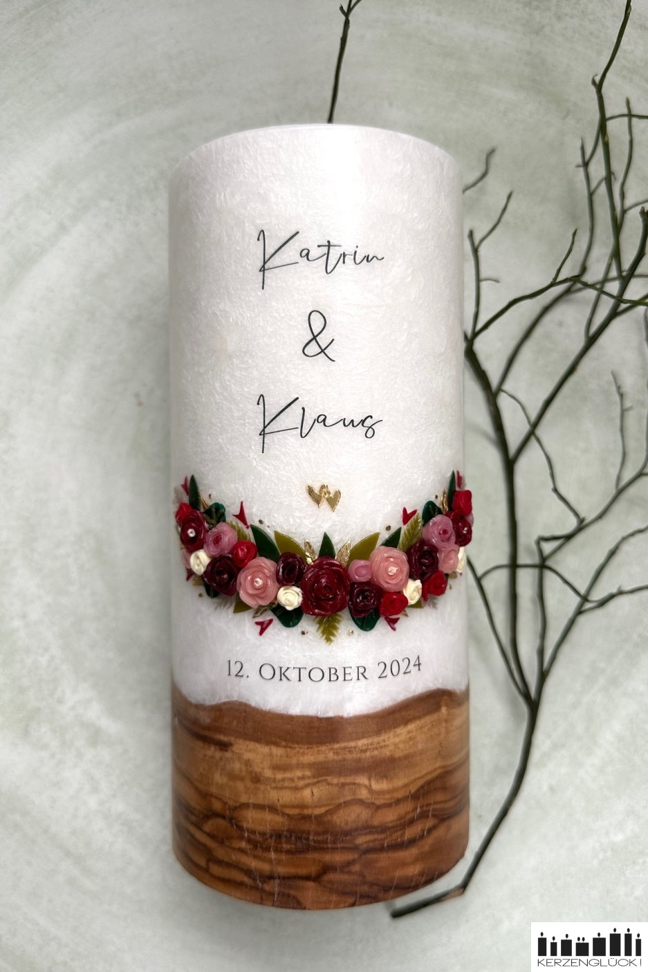 Hochzeitskerze "Rosenbogen" - Weinrot