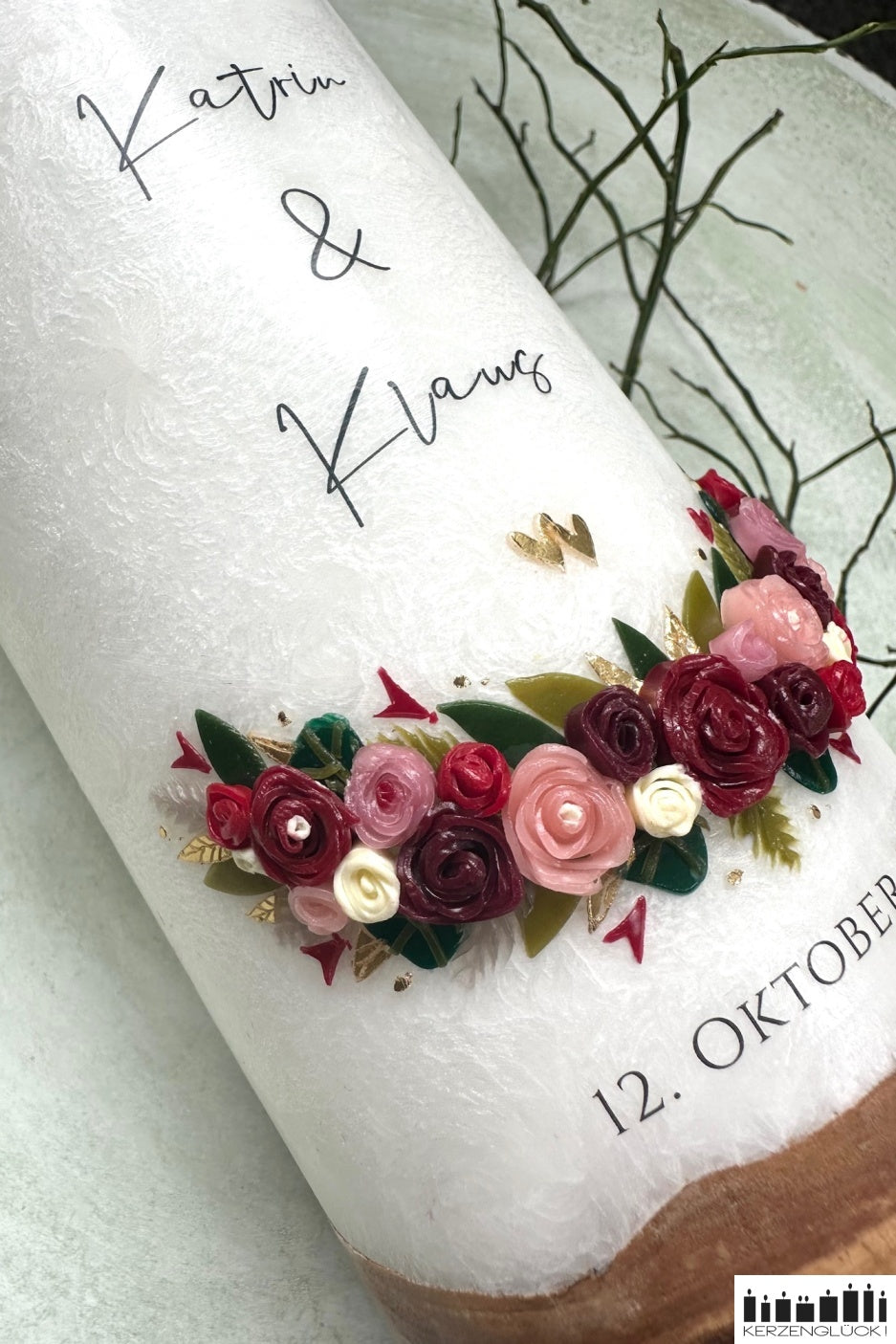 Hochzeitskerze "Rosenbogen" - Weinrot