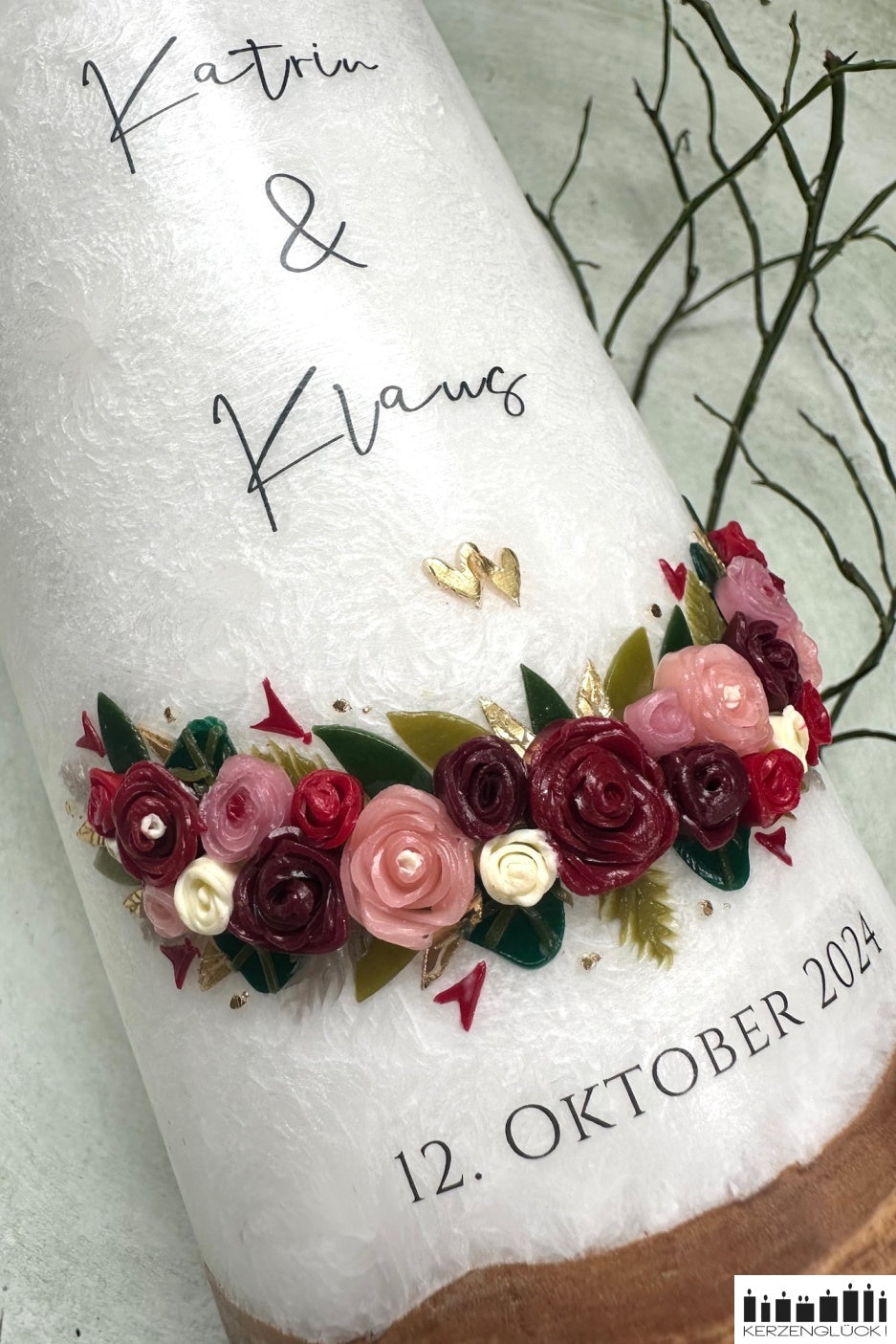 Hochzeitskerze "Rosenbogen" - Weinrot