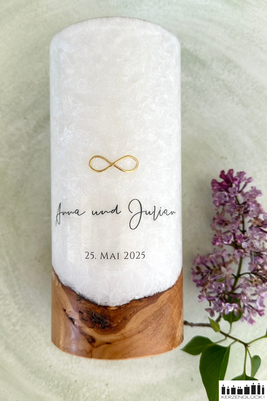 Hochzeitskerze mit Holzeinsatz "Liegende Acht"