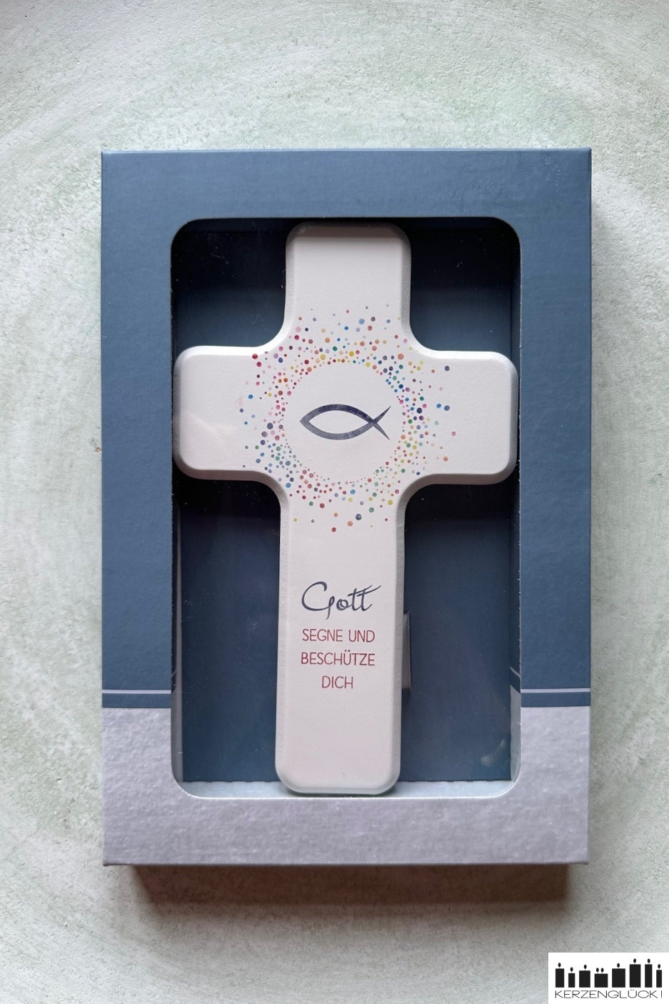 Holzkreuz mit Fisch und Punkten in Geschenkverpackung