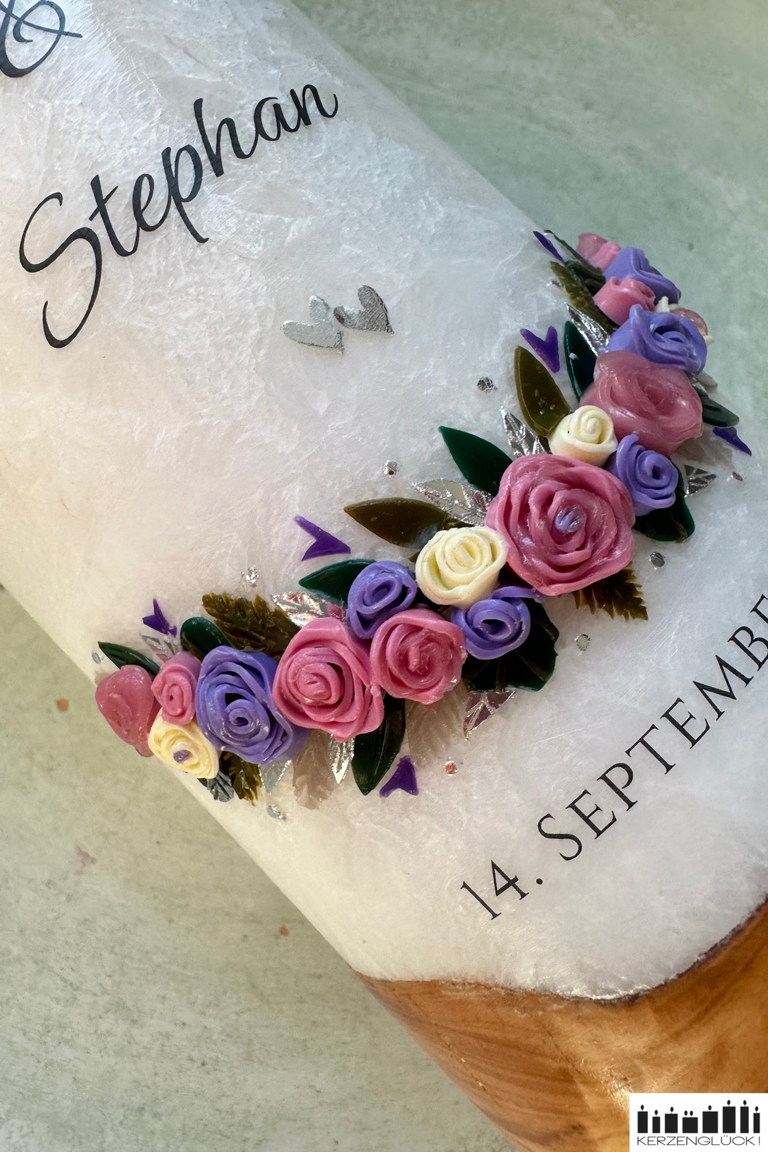 Hochzeitskerze "Rosenbogen" - Altrosa/Zartflieder/Silber