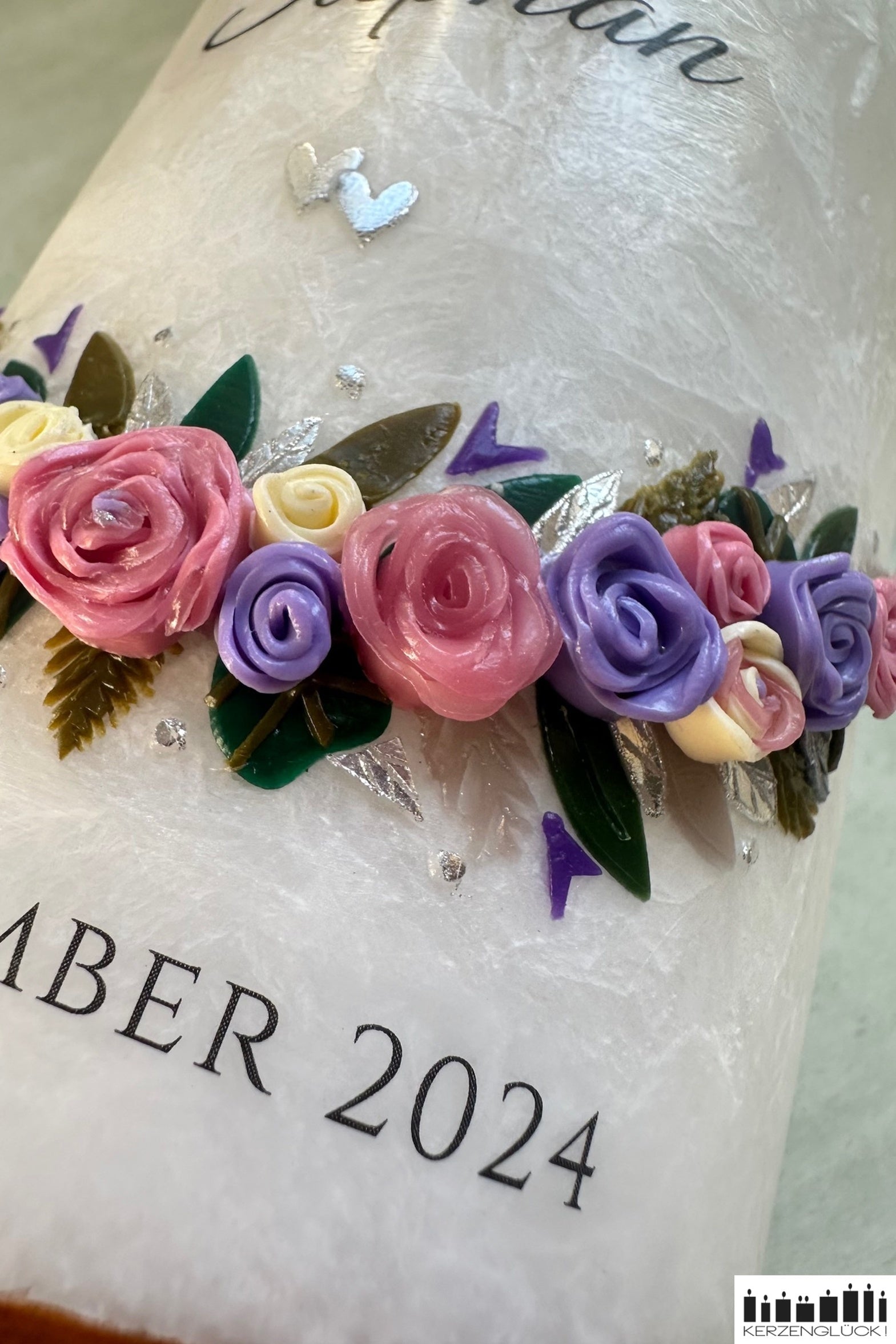Hochzeitskerze "Rosenbogen" - Altrosa/Zartflieder/Silber