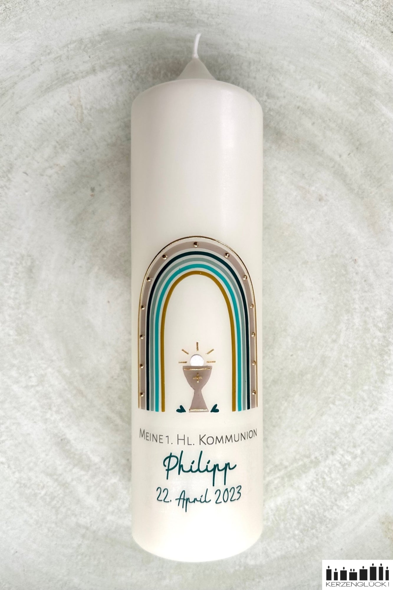 Kommunionkerze „Regenbogen mit Kelch"