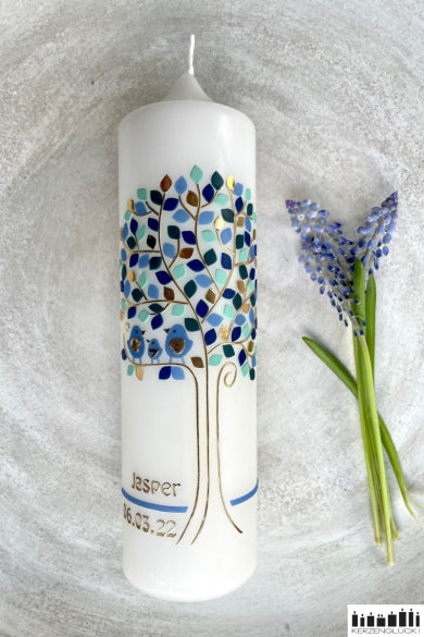 Lebensbaum Blautöne mit Vogelfamilie