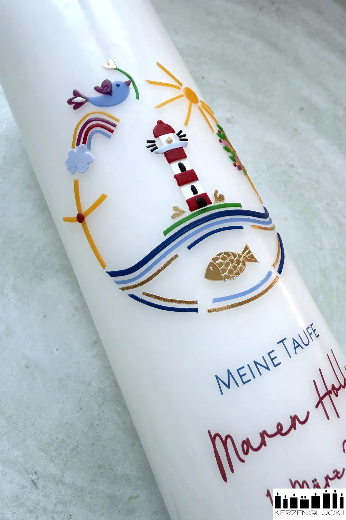 Taufkerze Leuchtturm Detailaufnahme