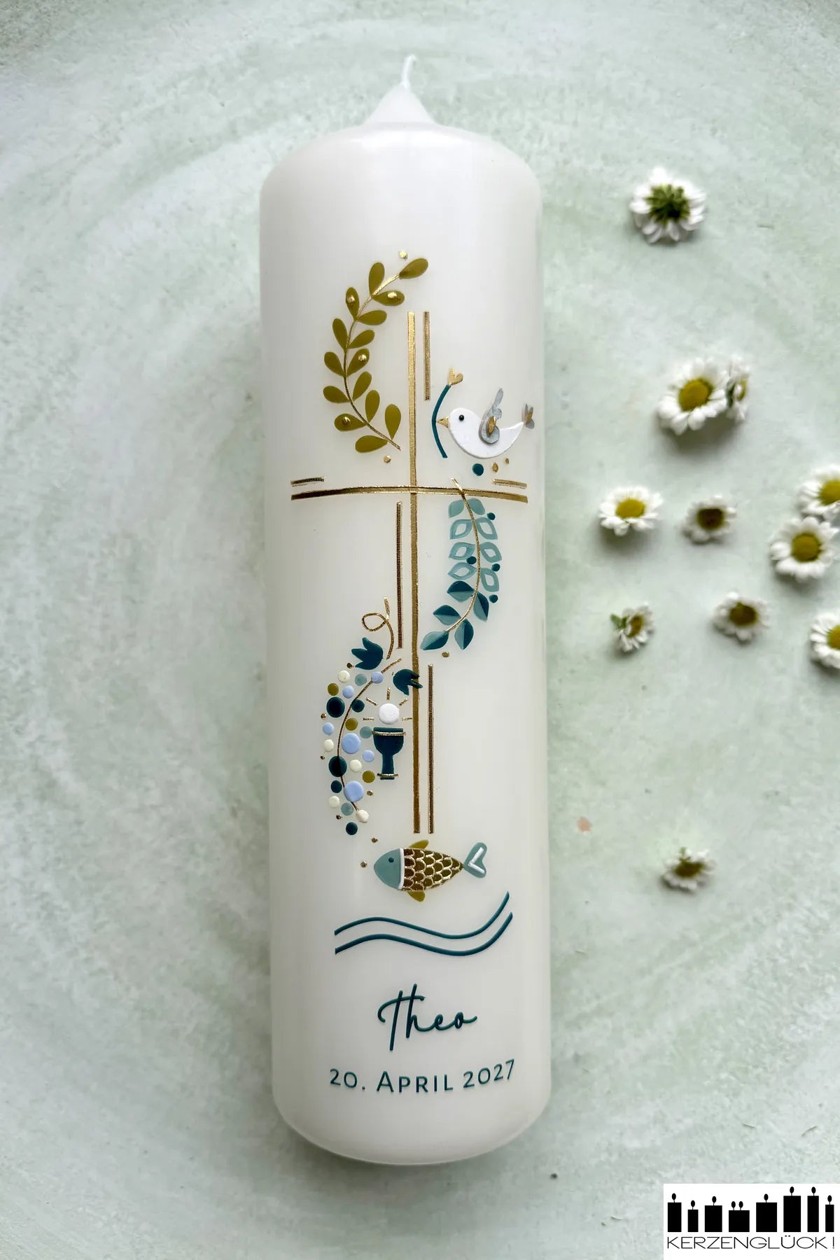 Kommunionkerze „Kreuz mit Symbolen" 25x7 cm