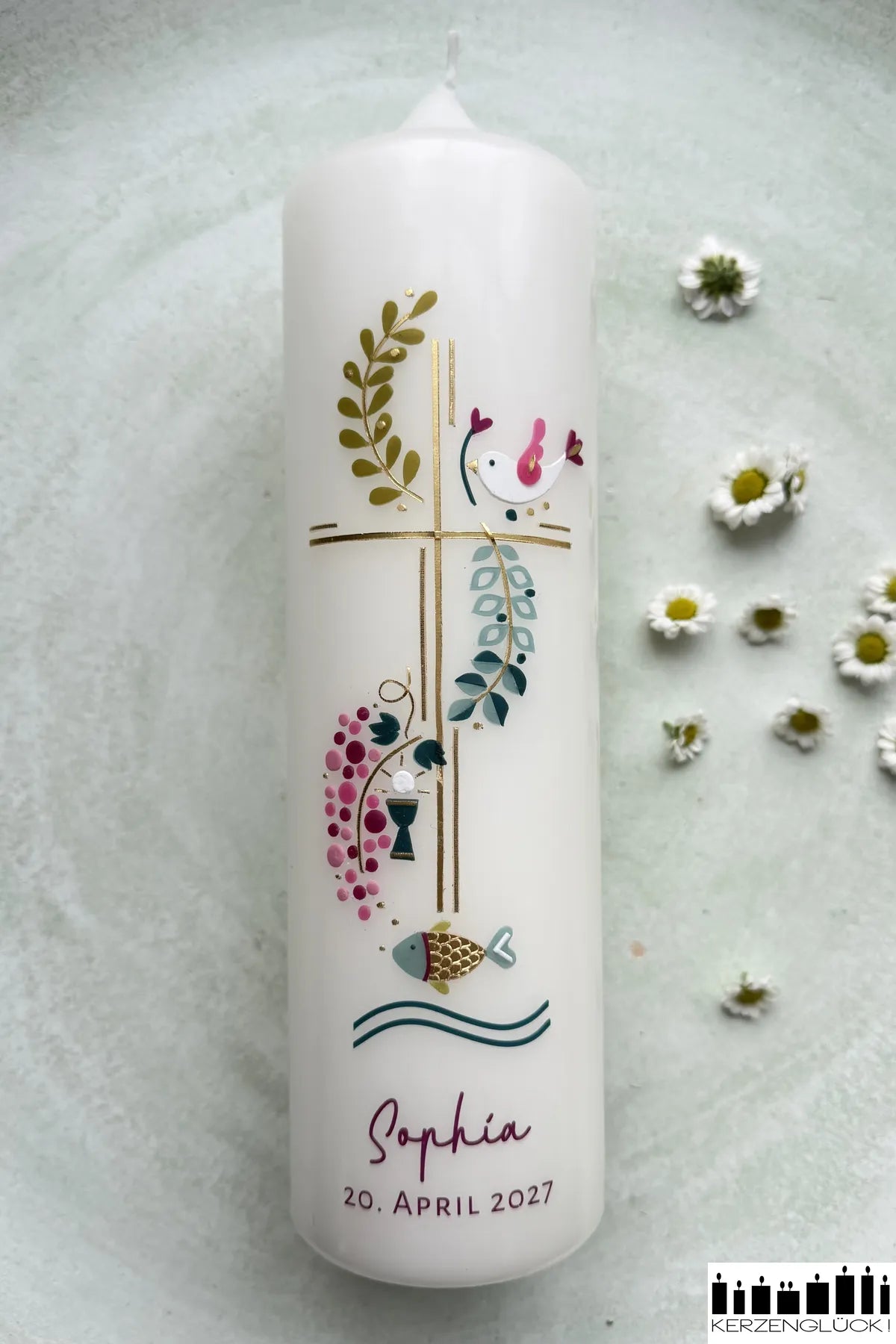 Kommunionkerze „Kreuz mit Symbolen" 25x7 cm