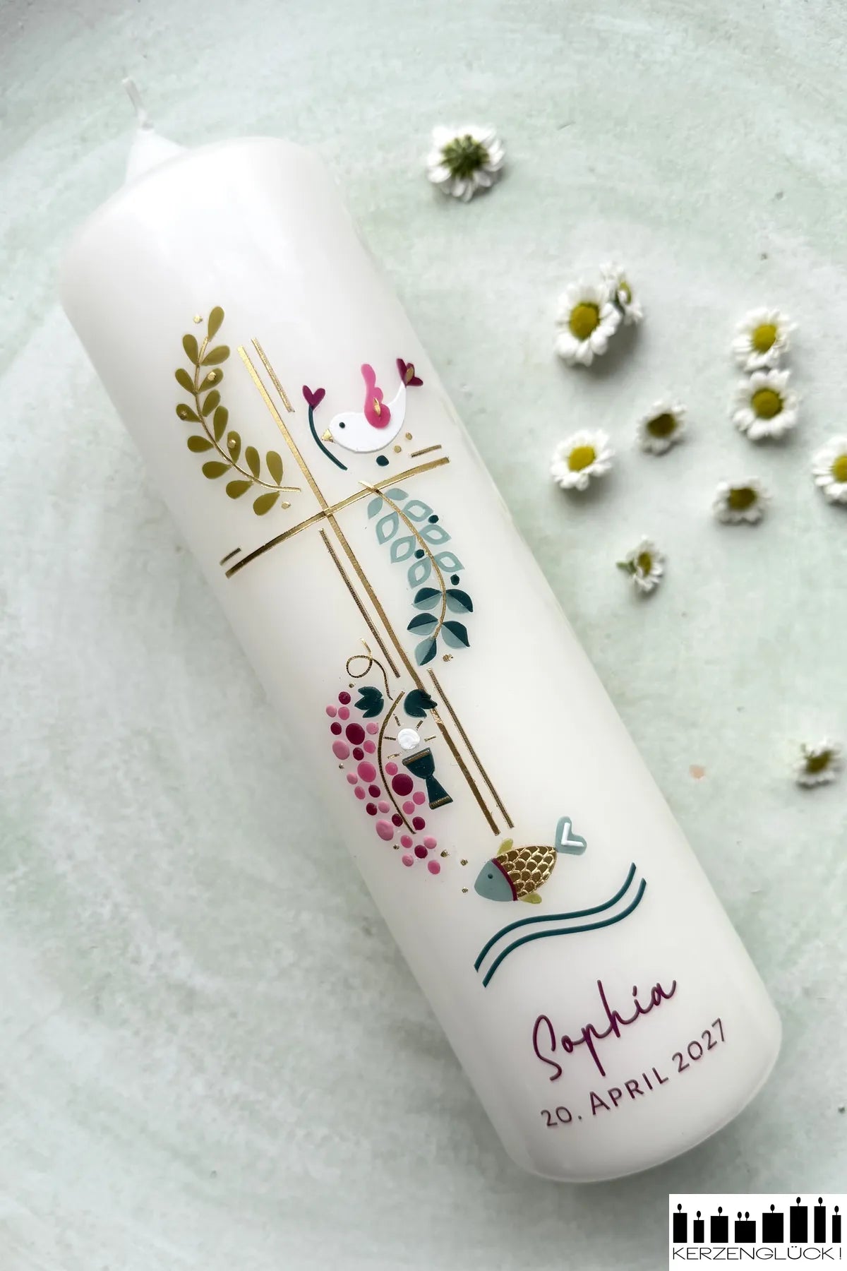 Kommunionkerze „Kreuz mit Symbolen" 25x7 cm