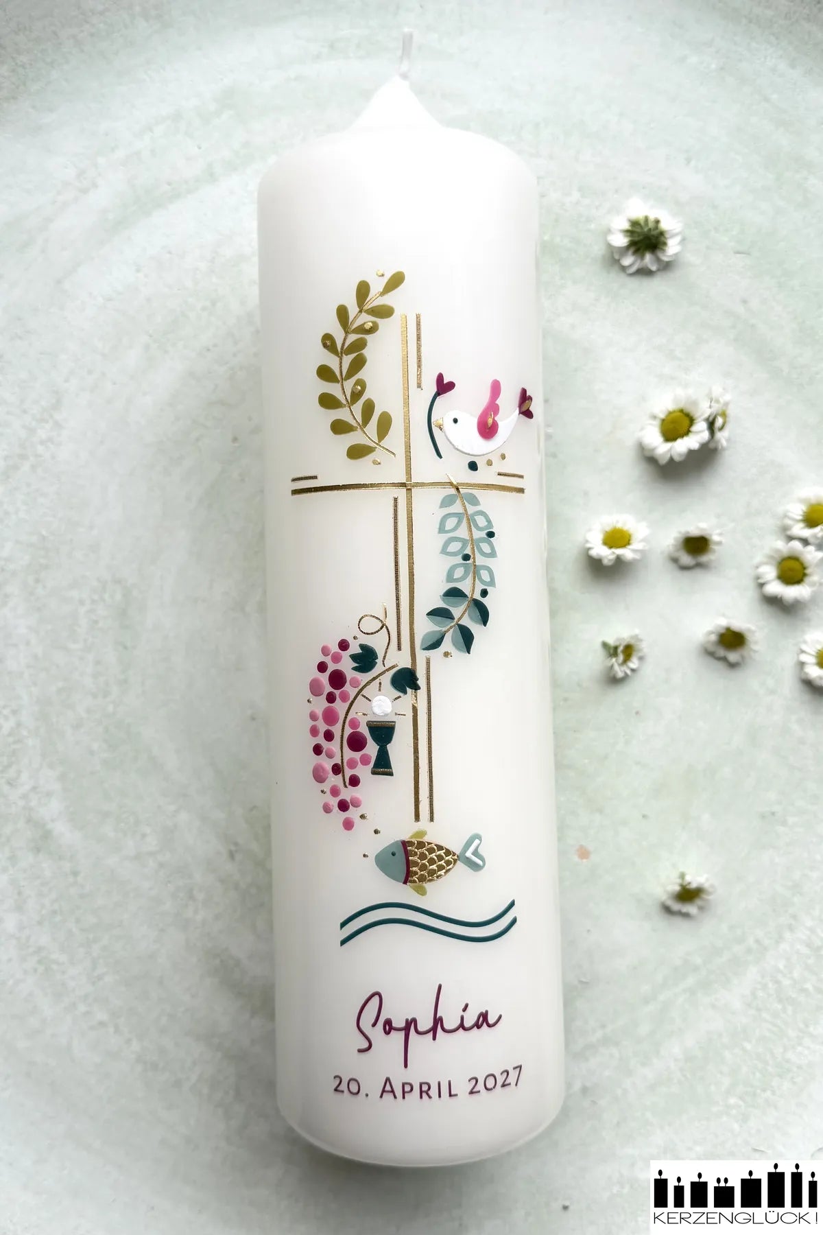 Kommunionkerze „Kreuz mit Symbolen" 25x7 cm