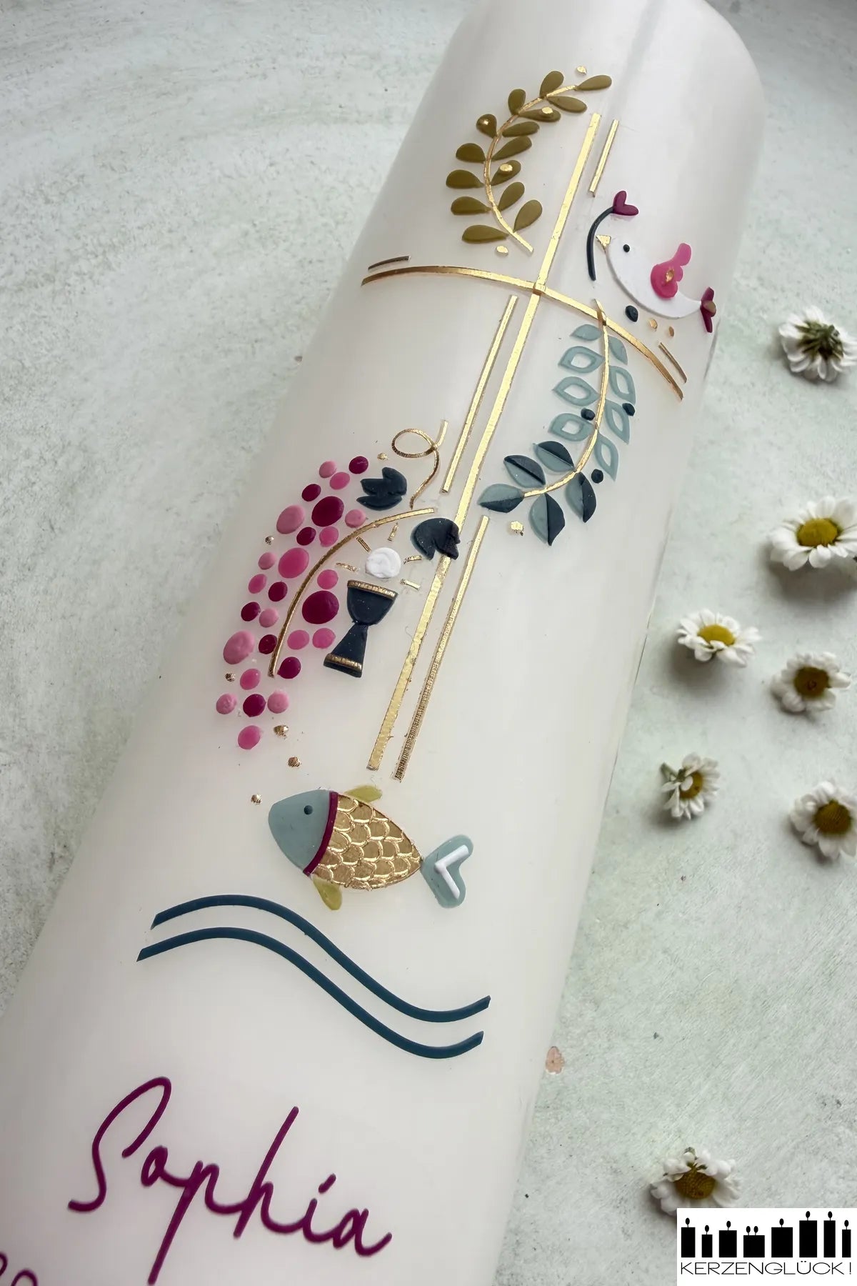 Kommunionkerze „Kreuz mit Symbolen" 25x7 cm