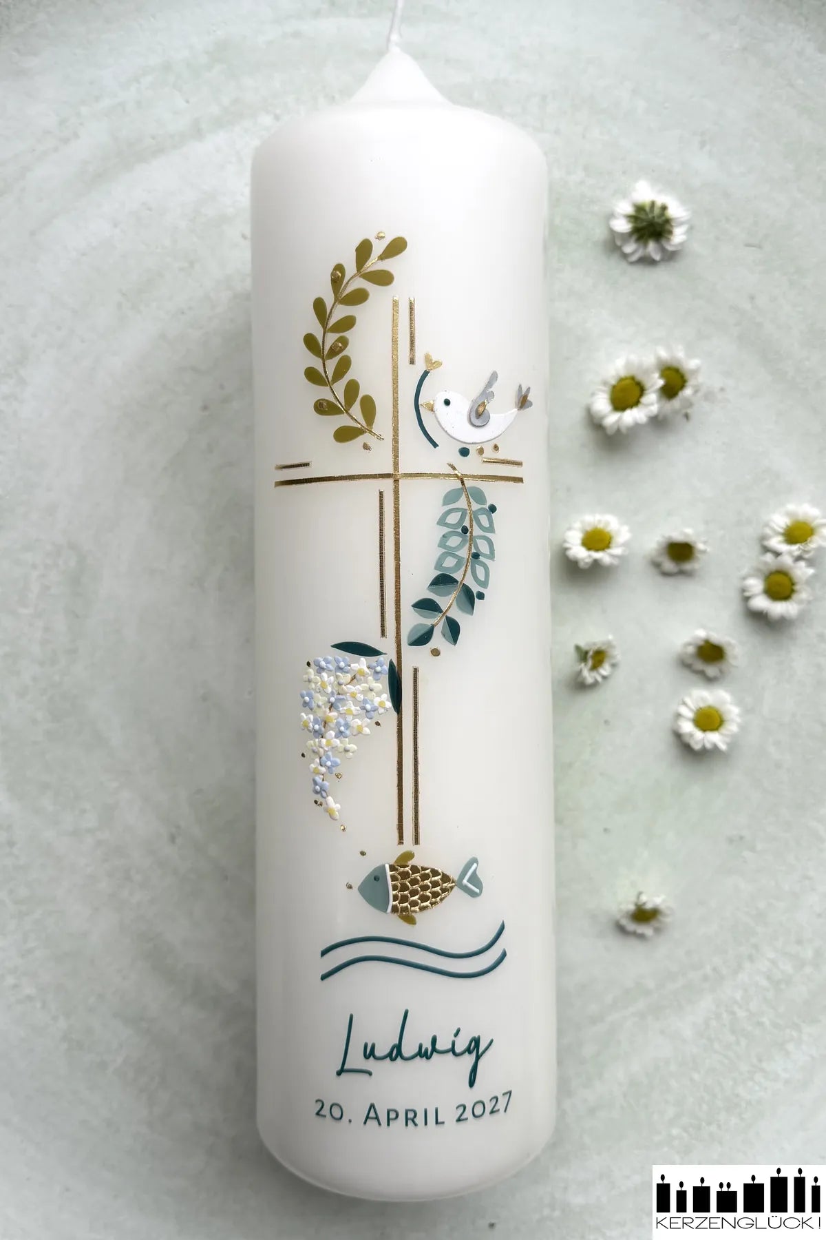 Taufkerze "Kreuz mit Symbolen"