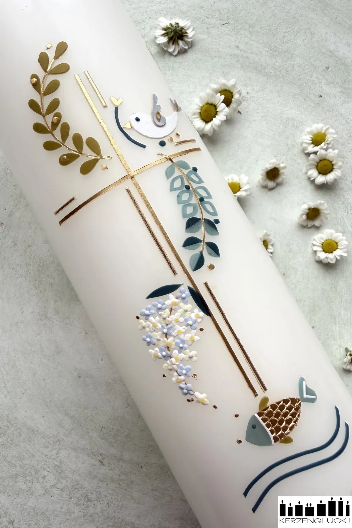 Taufkerze "Kreuz mit Symbolen"