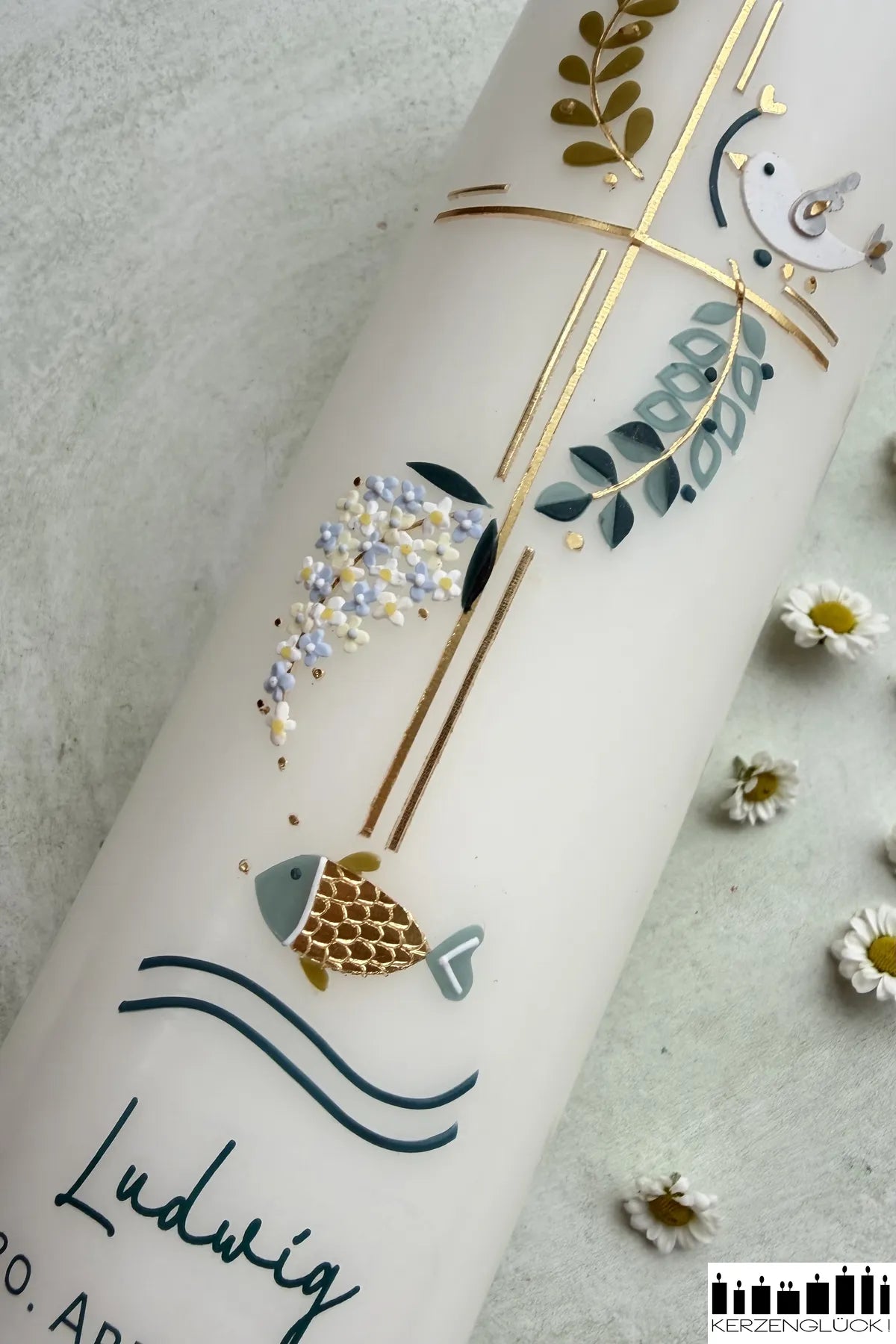 Taufkerze "Kreuz mit Symbolen"