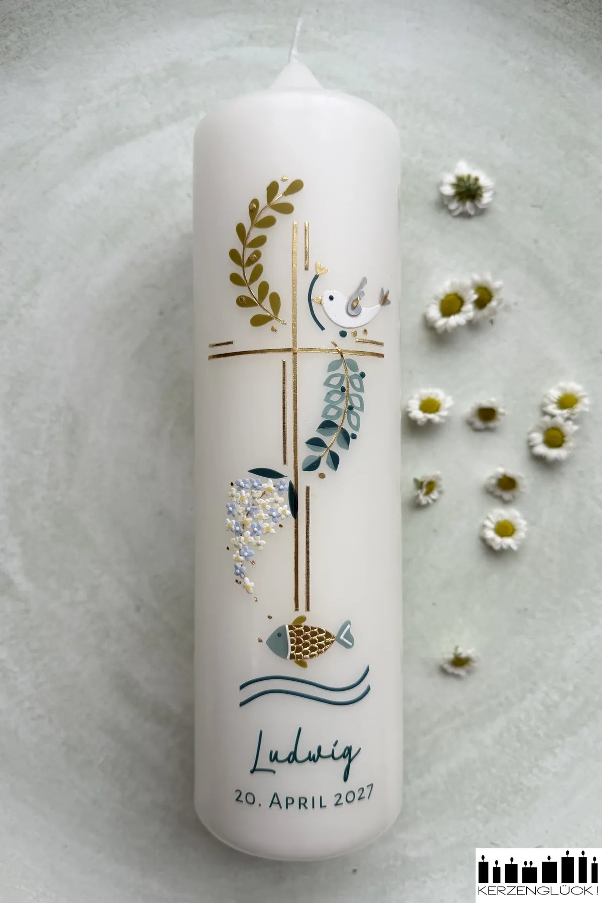 Taufkerze "Kreuz mit Symbolen"