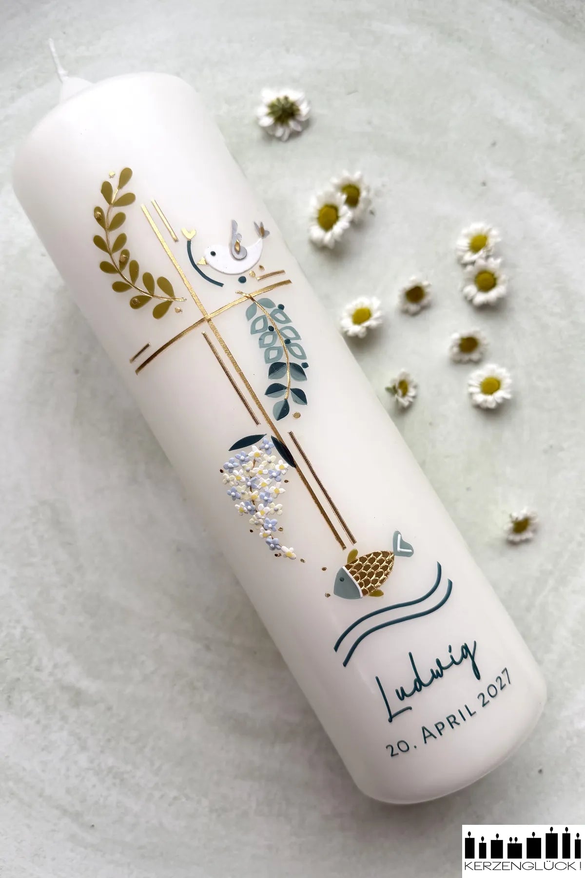 Taufkerze "Kreuz mit Symbolen"