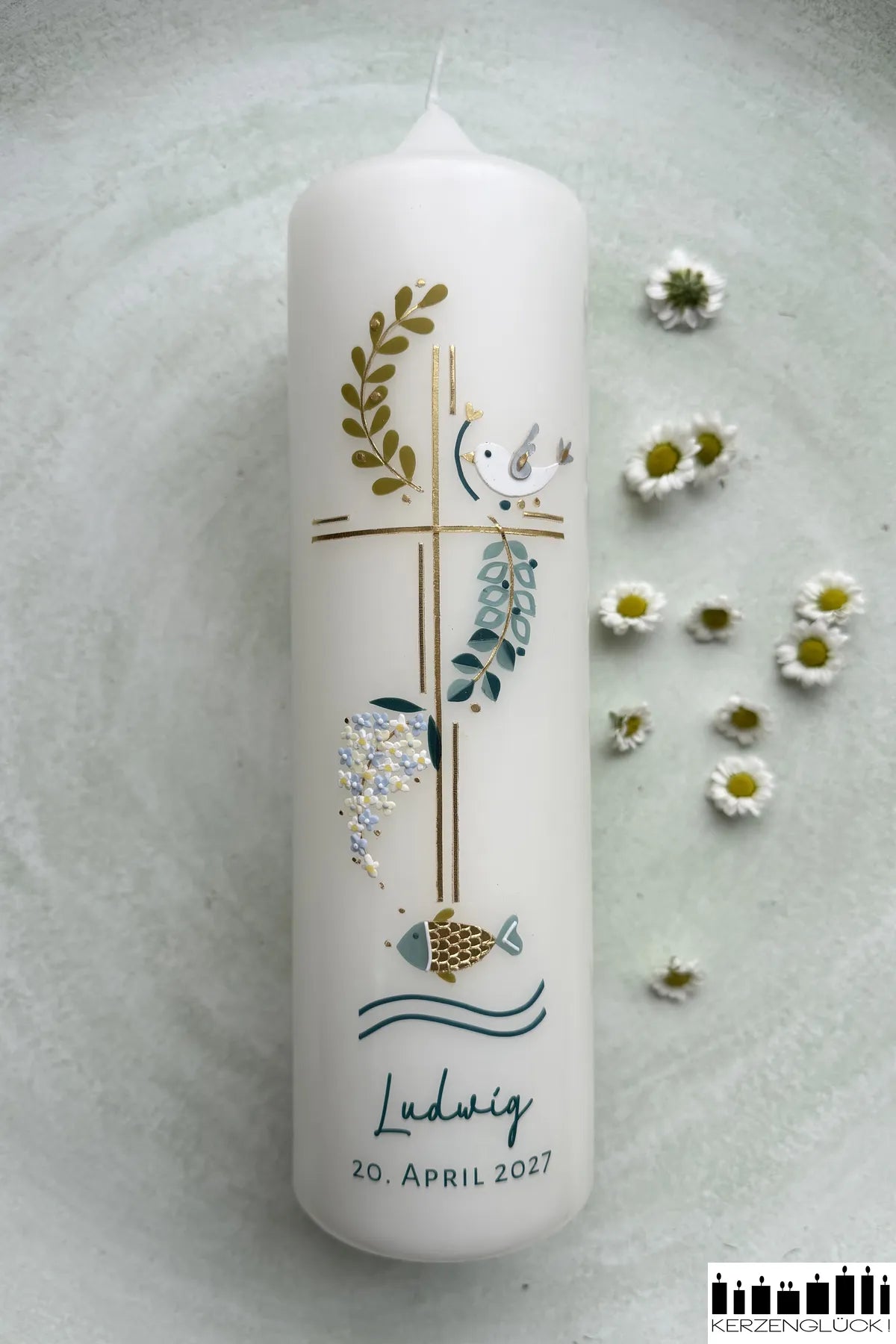 Taufkerze "Kreuz mit Symbolen"