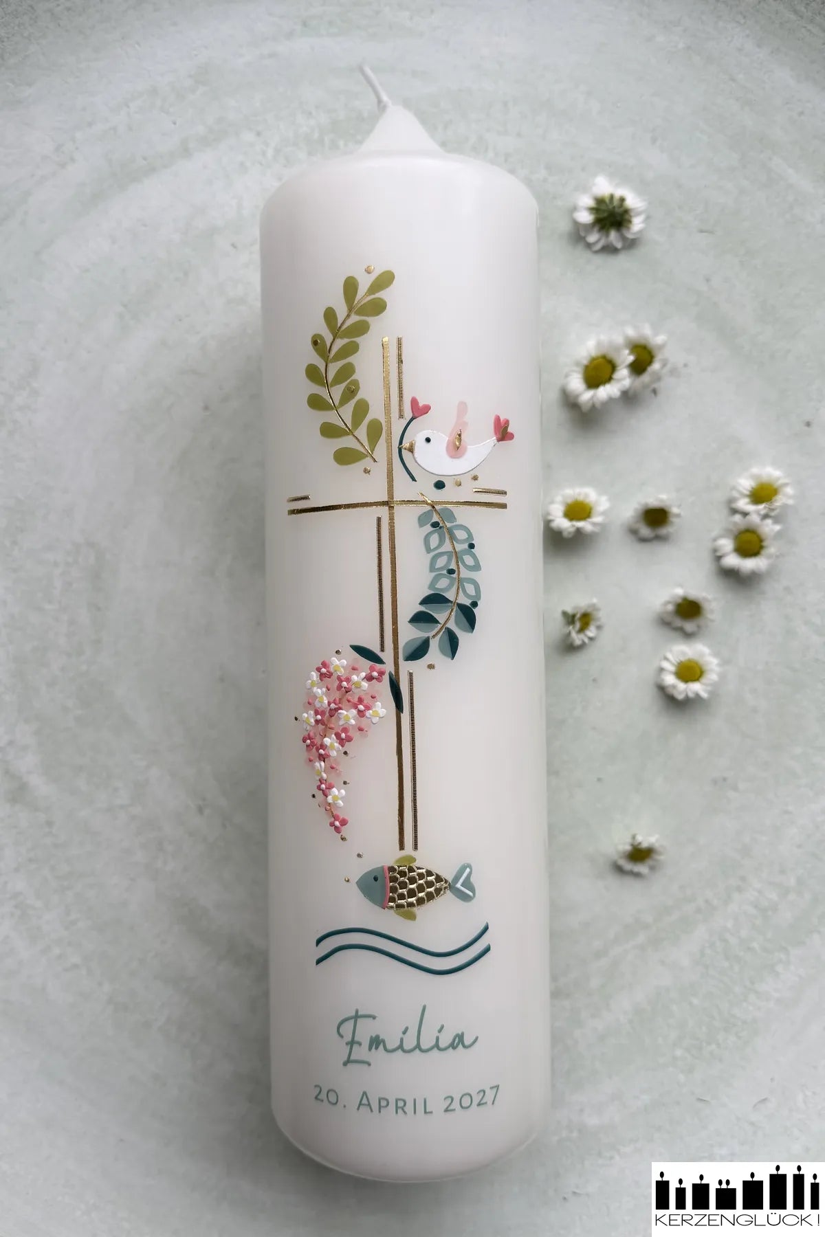 Taufkerze "Kreuz mit Symbolen"