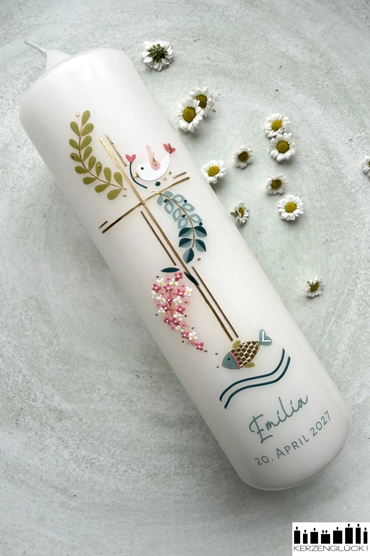 Taufkerze "Kreuz mit Symbolen"