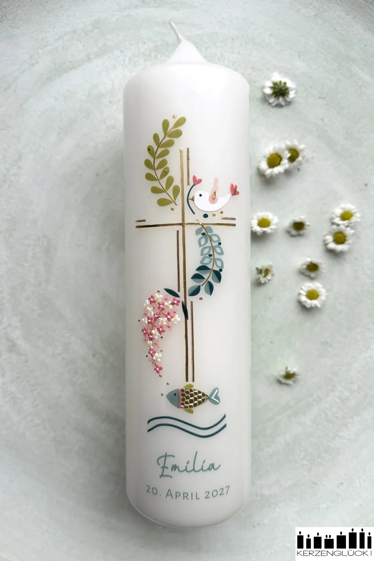 Taufkerze "Kreuz mit Symbolen"
