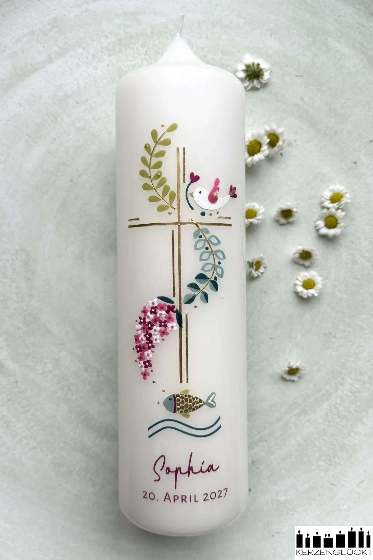 Taufkerze "Kreuz mit Symbolen"