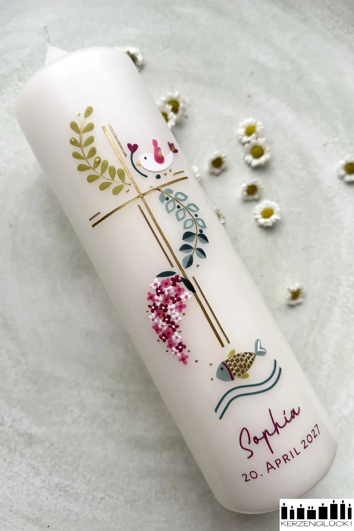 Taufkerze "Kreuz mit Symbolen"