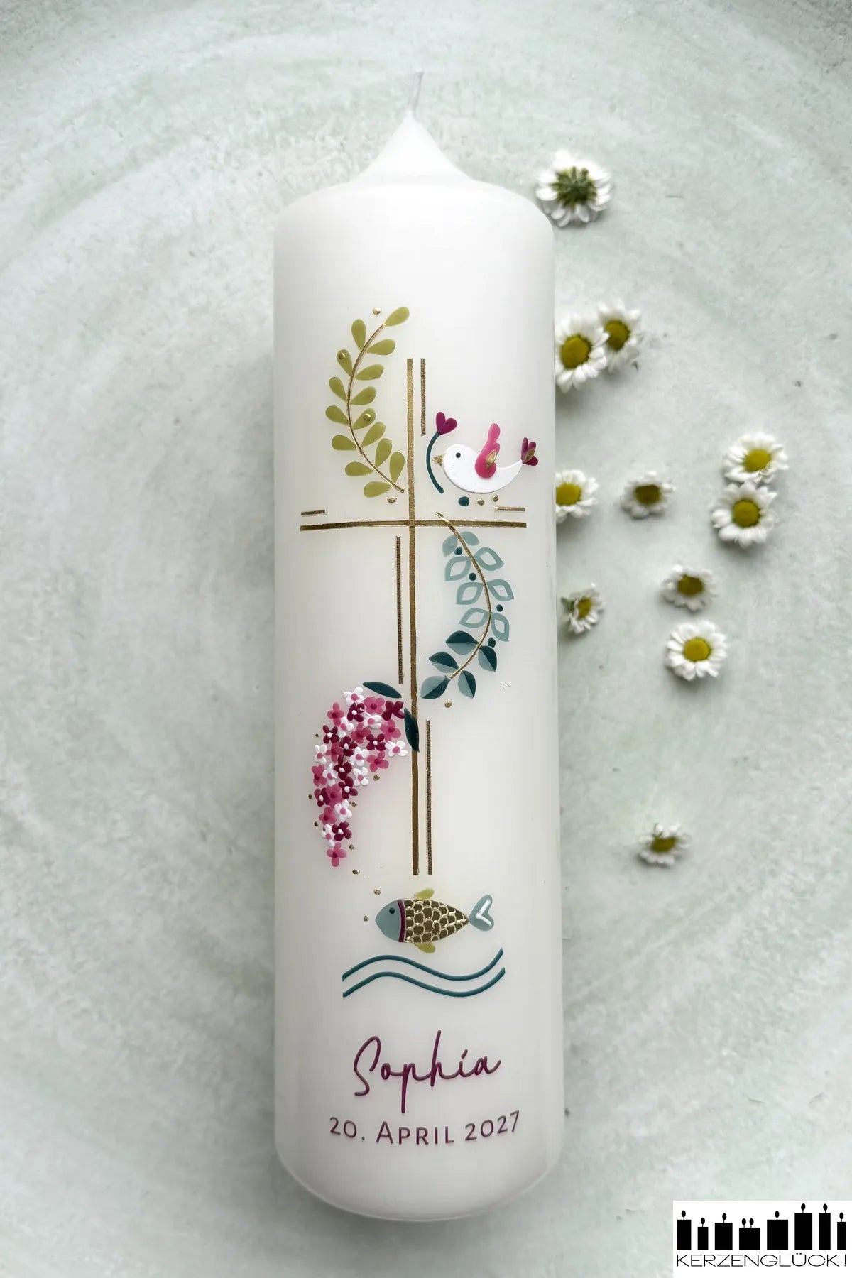 Taufkerze "Kreuz mit Symbolen"