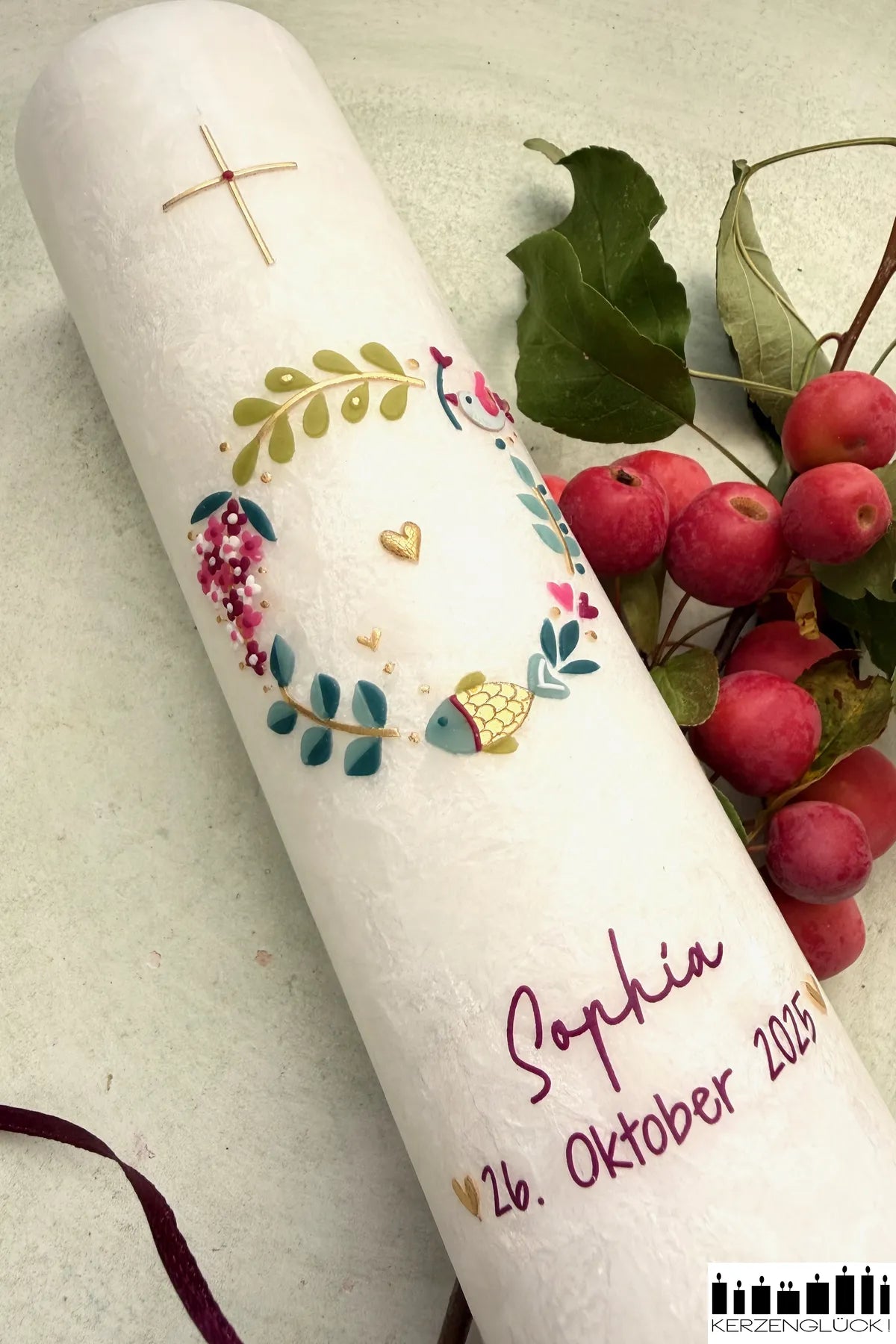 Taufkerze Crystal "Kranz mit Symbolen"