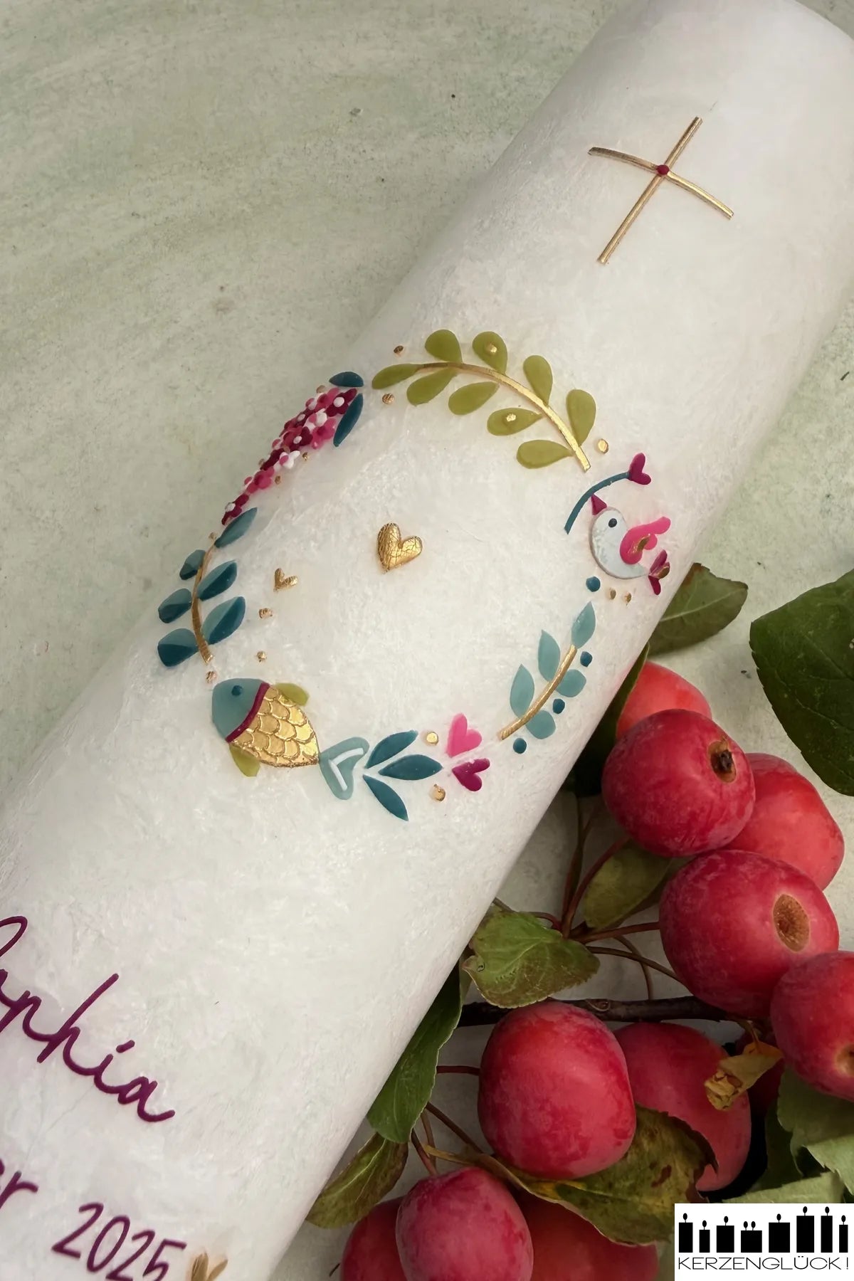 Taufkerze Crystal "Kranz mit Symbolen"