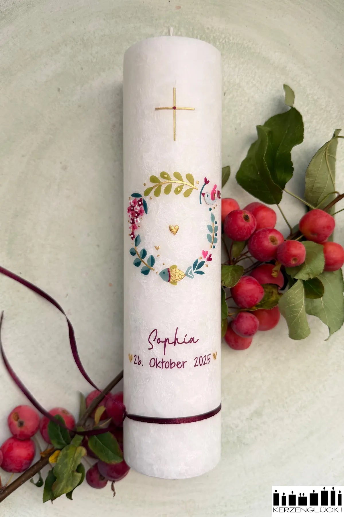 Taufkerze Crystal "Kranz mit Symbolen"